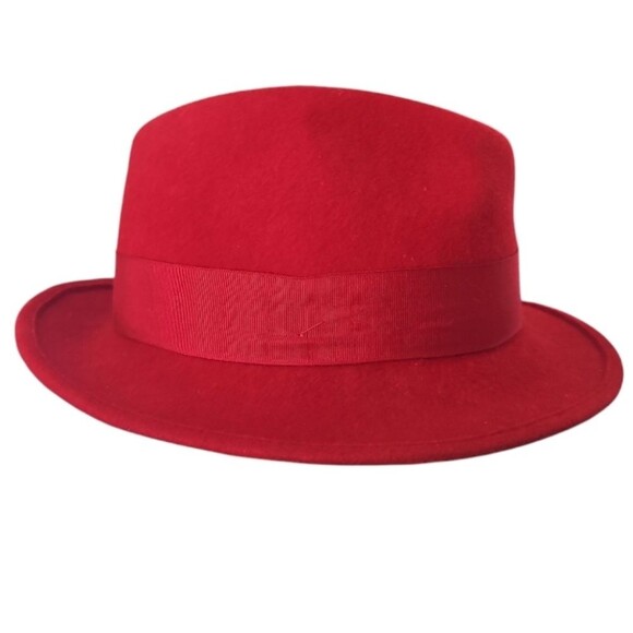 Vintage Style 100% Felted Wool Red Fedora Hat with Bow Bold Statement Piece - Picture 4 of 14